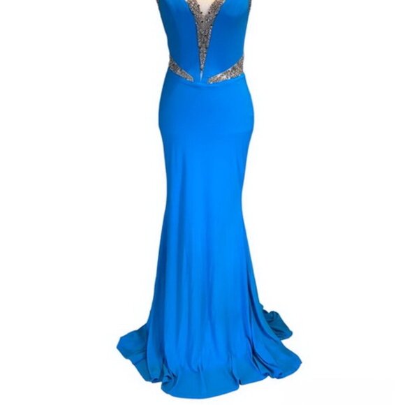 Xcite Turquoise Blue Embellished Beaded Illusion Jersey Gown - Picture 2 of 4